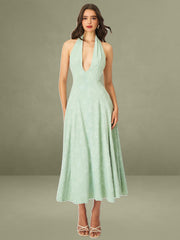 Magda Mint Green Deep V Neck Halter A-line Midi Dress
