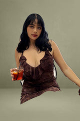 Brown Paisley Mesh Mini Dress V Ruffle Neck Burnt Out Paisley