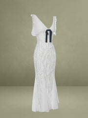 Paola White Peter Pan Collar Beaded Sequin Mermaid Midi Dress