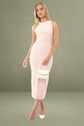 Pink Bodycon Dress Round Neck Sleeveless Burnout