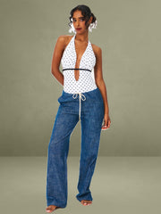 Olive White Base Polka Dot Ruched Breast Halter Backless Swimsuit