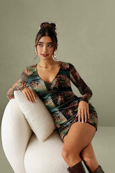 Multi Print Mini Dress Long Sleeve V-Neck Bodycon Ruched Waist