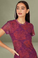 Red Floral Short Sleeve Crew Neck Bodycon Mesh Maxi Dress