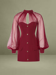 Tabitha Burgundy Mesh Lantern Sleeve Mini Dress