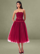 Mabel Burgundy Drop Waist Layered Mesh Midi Puffy Dress with Bow