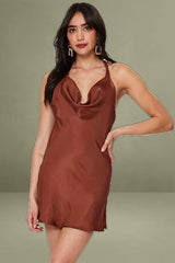 Brown Mini Dress Cowl Neck Satin