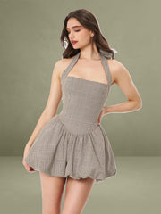 Dacia Plaid Halter Lace-up Bubble Mini Dress