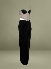 Cadence Black Satin Crystal Embellished Corset Dress