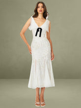 Paola White Peter Pan Collar Beaded Sequin Mermaid Midi Dress