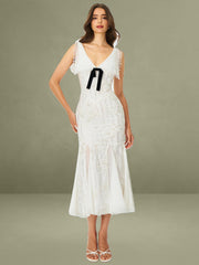 Paola White Peter Pan Collar Beaded Sequin Mermaid Midi Dress