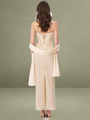 Raizel Gold Beaded Sequin Bodycon Gown with Scarf