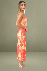 Orange Floral Maxi Mesh Bodycon Dress