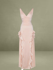 Baby Pink Ruched Waist Double High Slit Maxi Dress