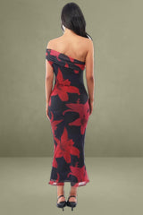 Black Floral One-Shoulder Mesh Bodycon Dress