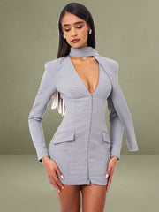 Tahlia Deep V Pinstripes Gray Blazer Dress with scarf collar
