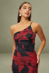 Black Floral One-Shoulder Bodycon Dress