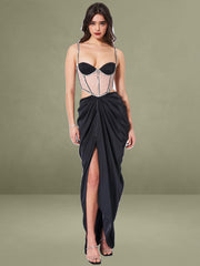 Cadence Black Satin Crystal Embellished Corset Dress