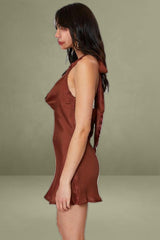 Brown Mini Dress Cowl Neck Satin