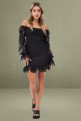 Black Embroidered Sleeve Shirred Bodycon Dress