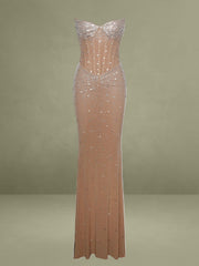 Fatima Nude Crystal Sleeveless Corset Mermaid Maxi Dress