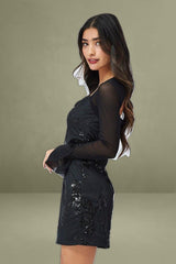 Black Sequin Dress Embellished Floral Mesh Bell Sleeve