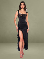 Freddie Black Lace Satin Maxi Corset Dress