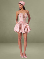Palesa Pink Ballet Style Embroidered Bubble Hem Mini Dress
