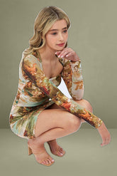 Multi Print Mini Dress Long Sleeve Square Neck Bodycon Mesh