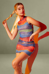 Blue Abstract Landscape Print Mesh Dress