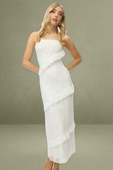 White Bodycon Midi Lace Boob Tube Dress with Ruffle