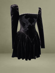 Yolanda Black Velvet Long Sleeve Mini Dress with Lace Trim