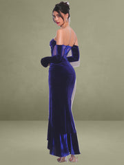 Taylee Navy Long Sleeve Off Shoulder Corset Velvet Gown