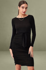 Black Bodycon Dress Long Sleeve Midi Ruched