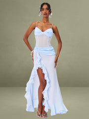 Lacy Blue Ruched Breast High Slit Chiffon Dress