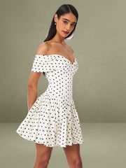 Edeline Polka Dot Off-shoulder Pleated Mini Dress