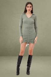 Green Long-Sleeve Mini-Collar Dress