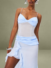 Lacy Blue Ruched Breast High Slit Chiffon Dress