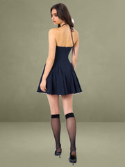 Melody Navy Blue Pinstripe Halter Drop Waist Mini Dress