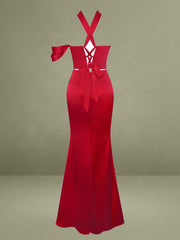 Ivona Red Halter Neck Double Duchess Satin Gown