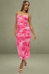 Pink Floral Bodycon Dress Singlet Mesh Midi