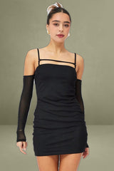Black Mini Dress Long Sleeve Cold Shoulder Bodycon Mesh