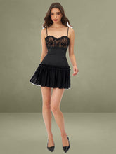 Black Contrast Lace Sweetheart Gathered Mini Dress