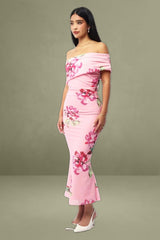 Pink Floral Bodycon Dress One Shoulder Mesh