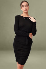 Black Bodycon Dress Long Sleeve Midi Ruched