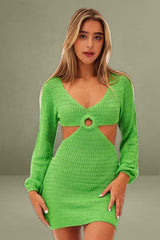 Green Crocheted Long-Sleeved Mini Cut-Out Dress