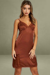 Brown Lace Trim Slip Dress