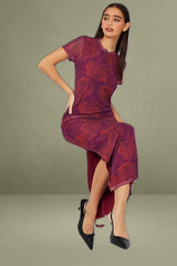 Red Floral Short Sleeve Crew Neck Bodycon Mesh Maxi Dress