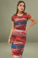 Brown Abstract Midi Dress Short Sleeve Bodycon Mesh