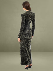 Willow Green Glossy Velvet High Slit Blazer Gown