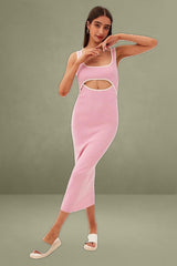 Pink Knit Dress Midi Sleeveless Contrast Binding